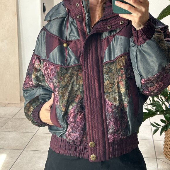 Vintage Patchwork Puffy Coat | 80s 90s Retro Lace + Velvet Hooded Jacket - Picture 4 of 13